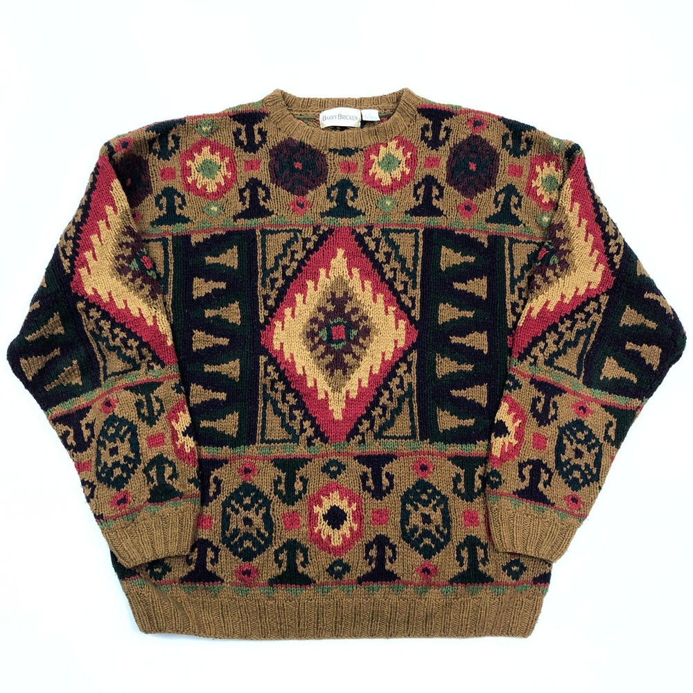 Barry Bricken Mens L Silk Blend Geometric Intarsia Sweater Chunky Knit Vintage